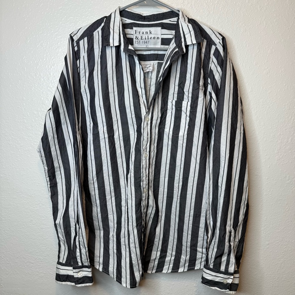Frank & Eileen Barry Striped Crinkle Long Sleeve Button Down Shirt Size Large